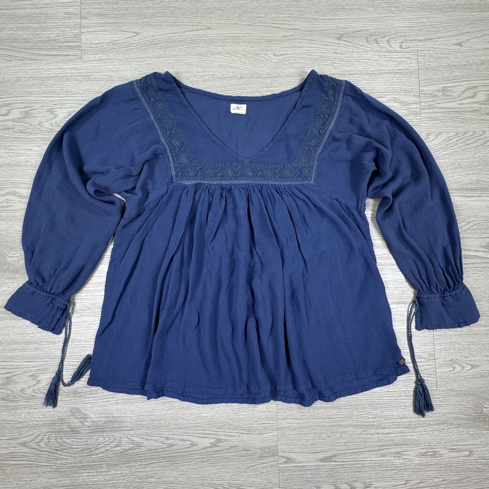 O'Neill Women's Blouse Boho Embroidered Tassel Blue Small Long Sleeve Rayon Top
